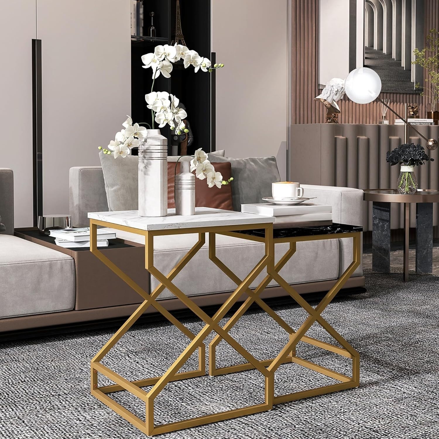 2-Piece Nesting Side Tables Set Black White Living Room End Coffee Bedside