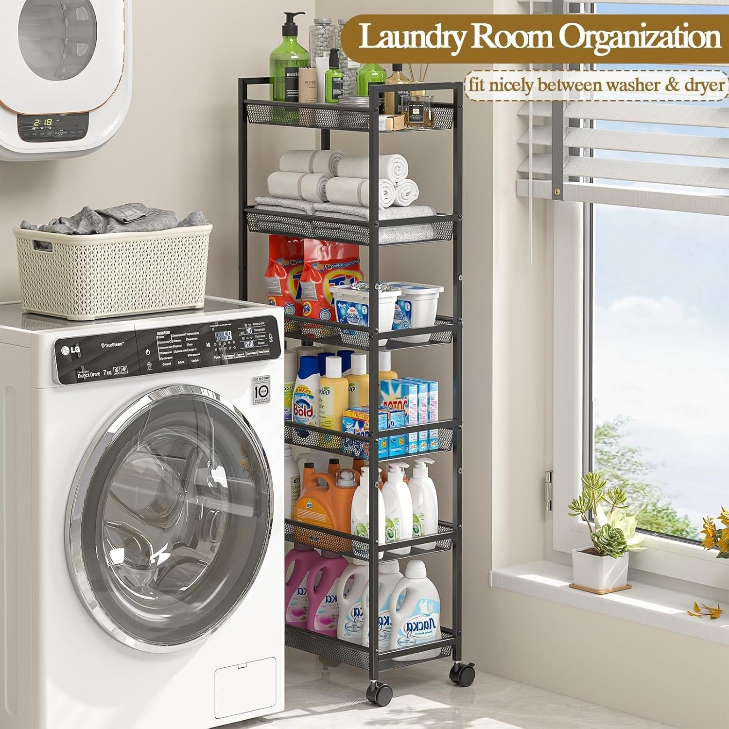 6 Tier Slim Rolling Storage Cart Narrow Utility Shelf with Wheels Black