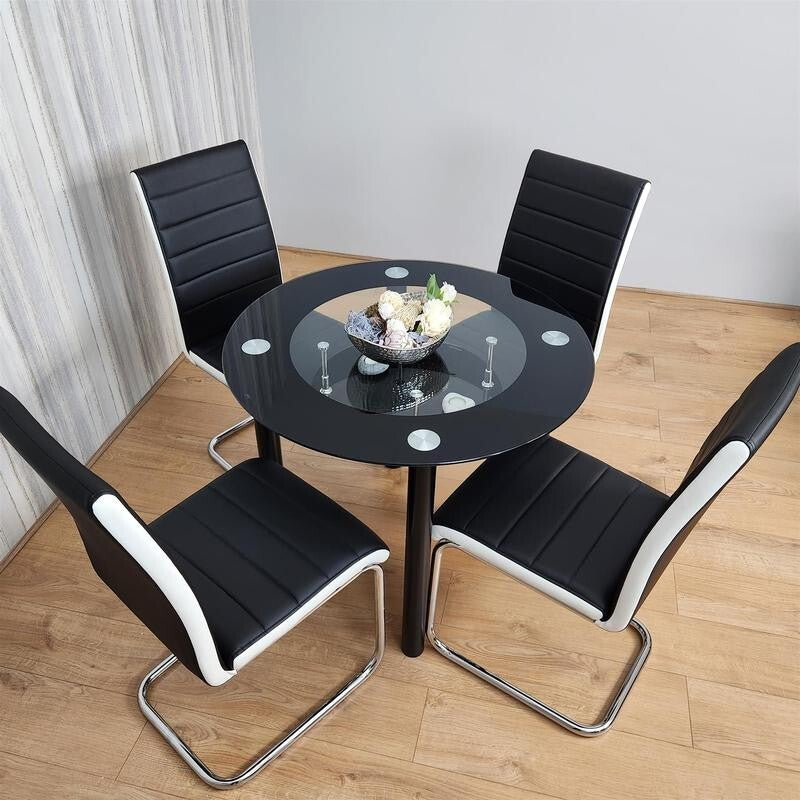 Round Glass Dining Table Set 4 Faux Leather Chairs Modern Kitchen