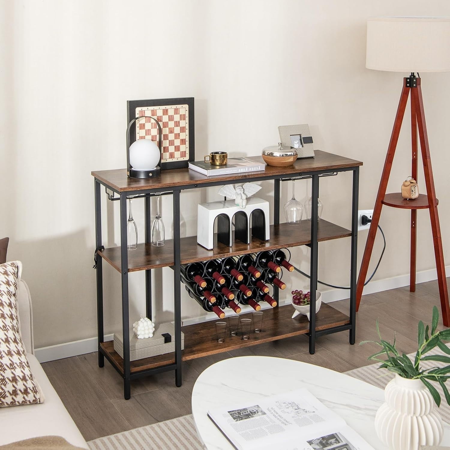 Wine Bar Cabinet with Tabletop, 15 Bottle Rack, Shelves, USB & AC Charging Ports