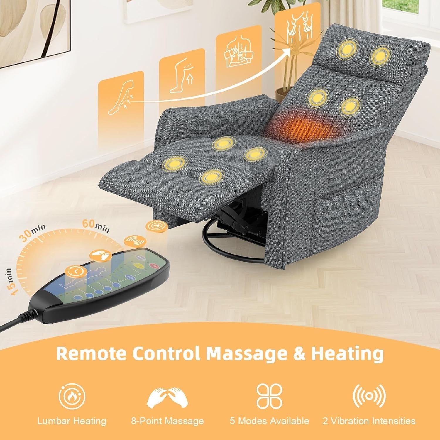 Swivel Rocking Recliner Chair Massage Heat 135° Recline Footrest Dual Pockets