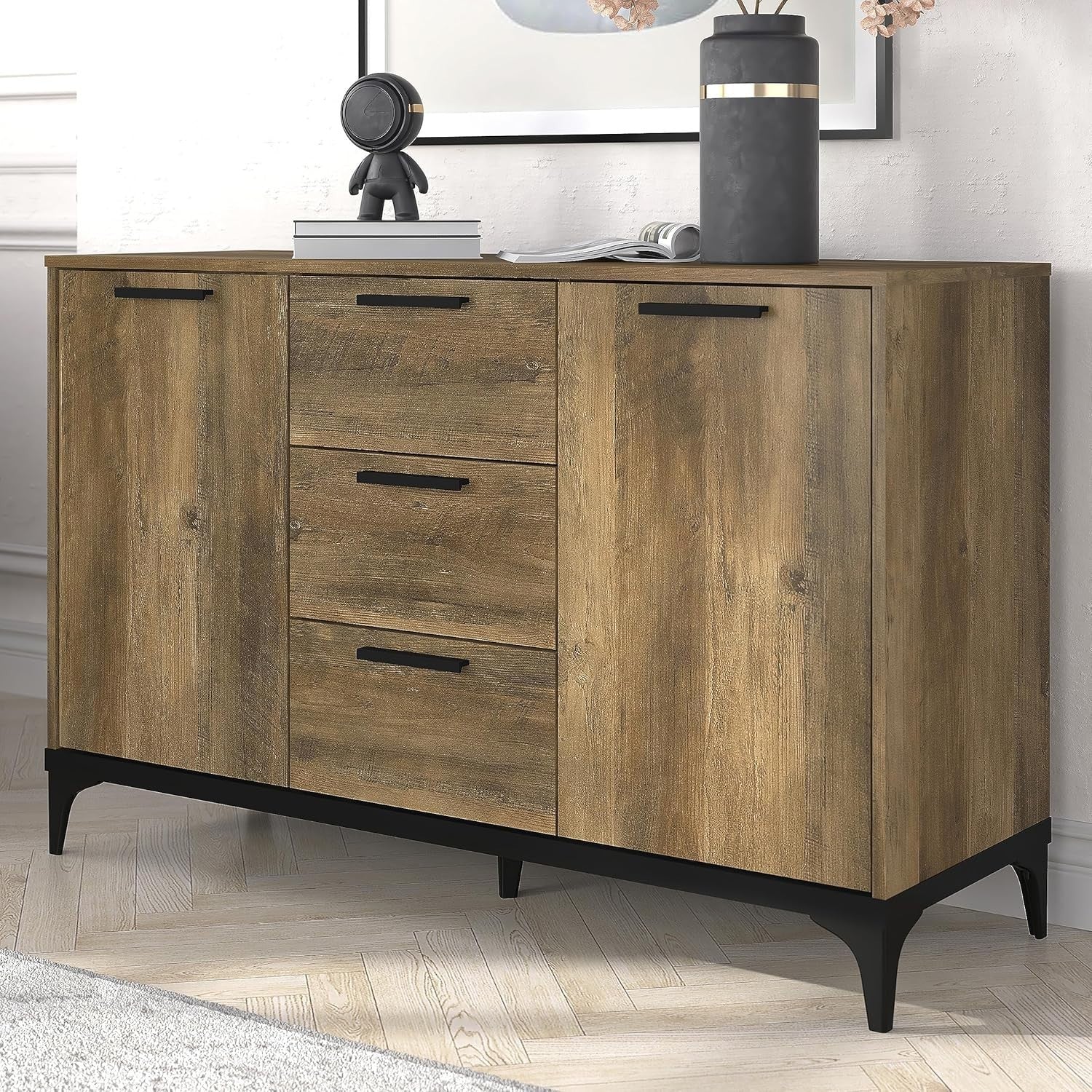 Oak Sideboard Cabinet 2 Door 3 Drawer Storage Unit Adjustable Shelves