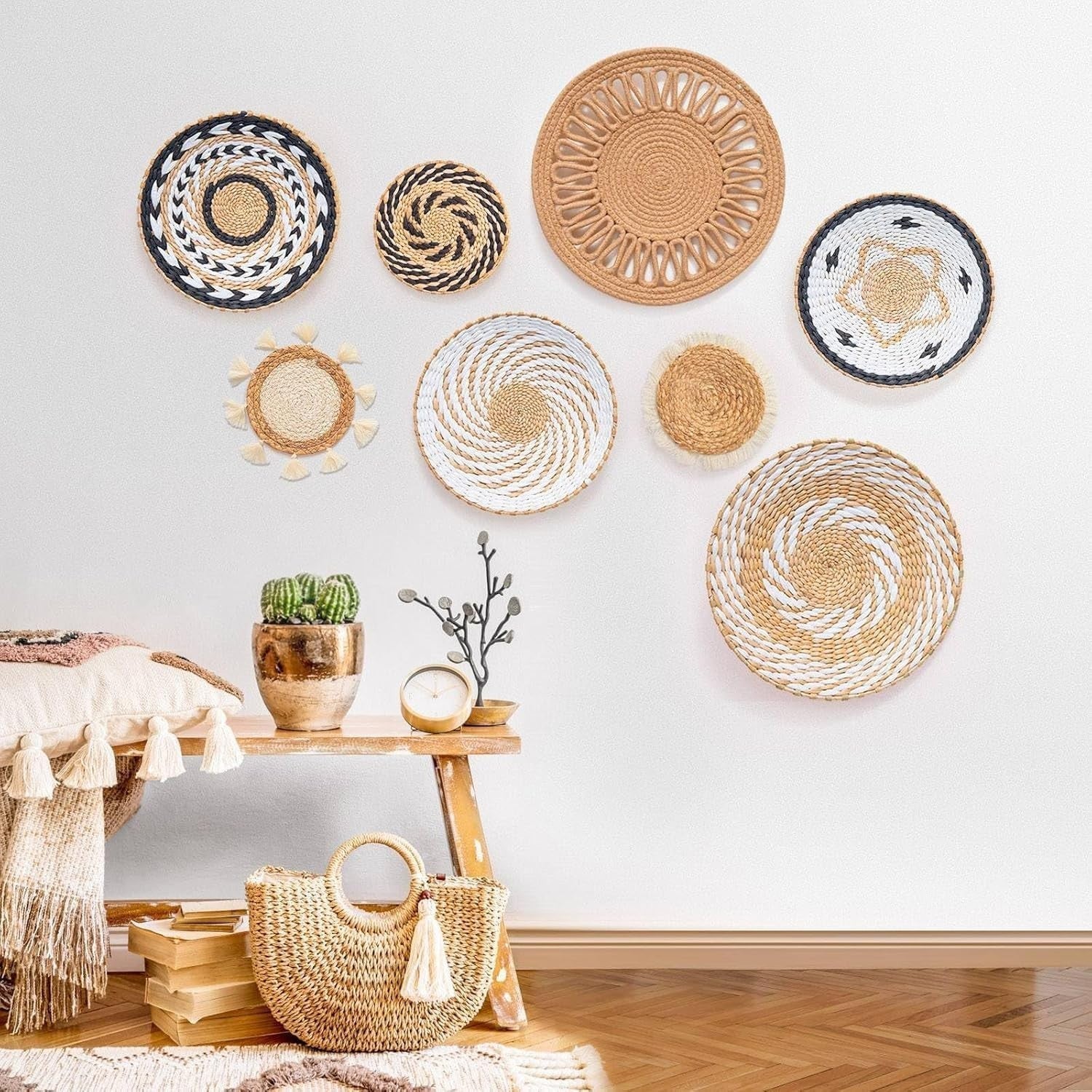8-Pc Boho Wall Rattan Decor Handmade Rattan Woven Rustic Set