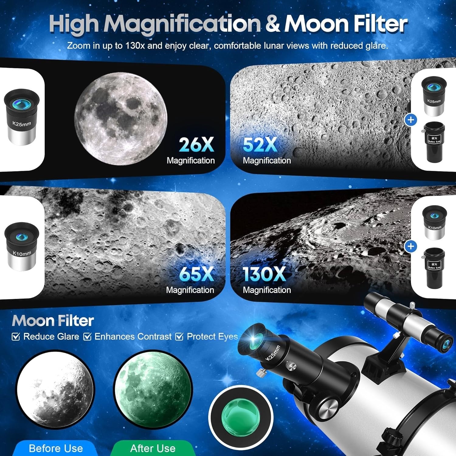 150mm Reflector Telescope for Adults, Equatorial Mount, Tripod, Phone Adapter