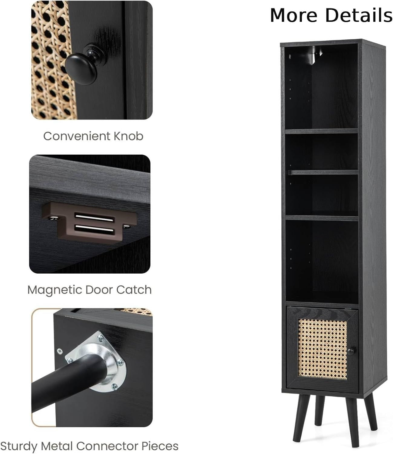 Slim Tall 6-Tier Bookcase with Cabinet Modern Black Storage Shelf Unit