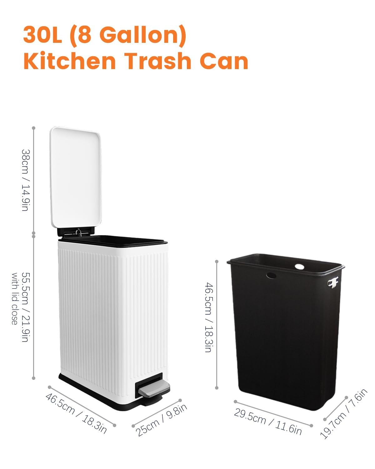 30L Slim White Pedal Bin Soft Close Stainless Steel Kitchen Bin