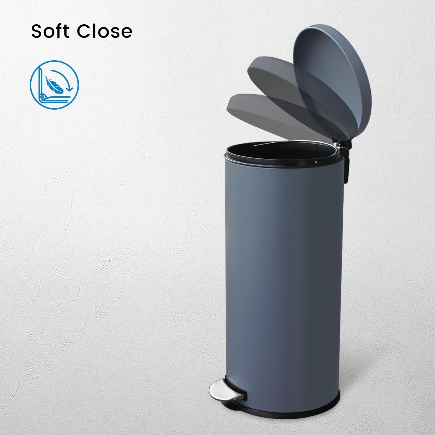 30L Round Stainless Steel Pedal Bin Soft Close Kitchen Grey