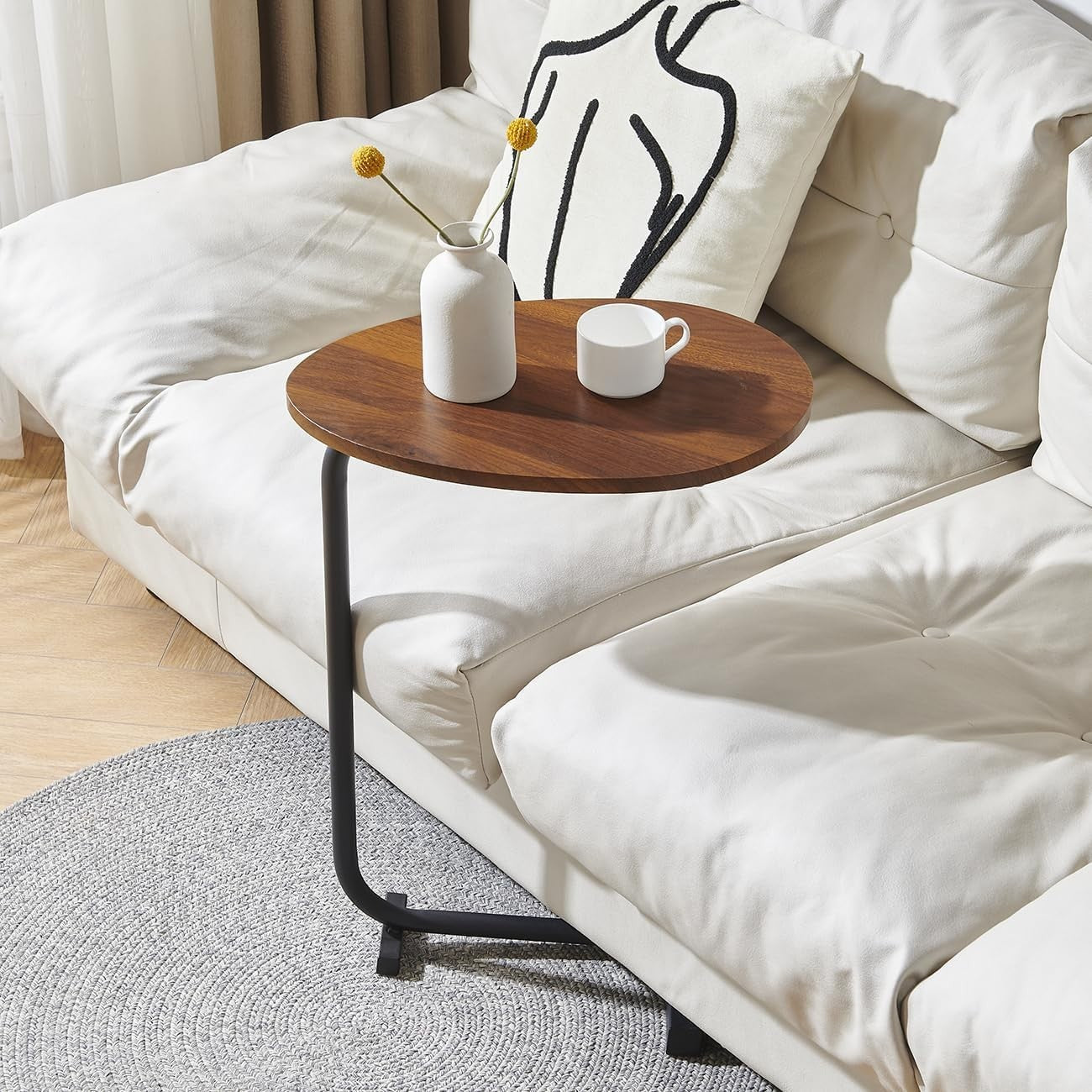 Space-Saving C-Shaped Side Table with Metal Frame for Sofa & Bedroom