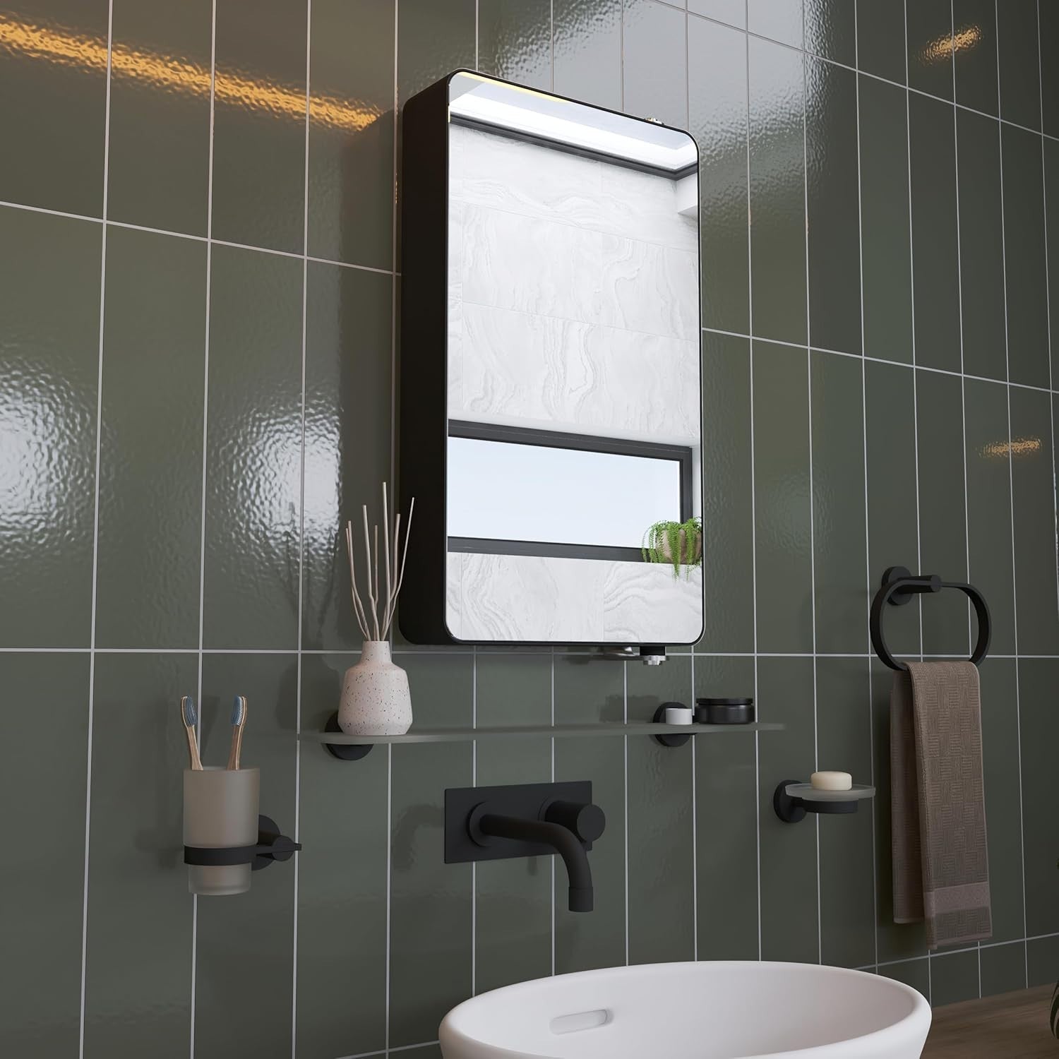 Rotating Bathroom Mirror Cabinet Wall Mounted with Storage Shelves