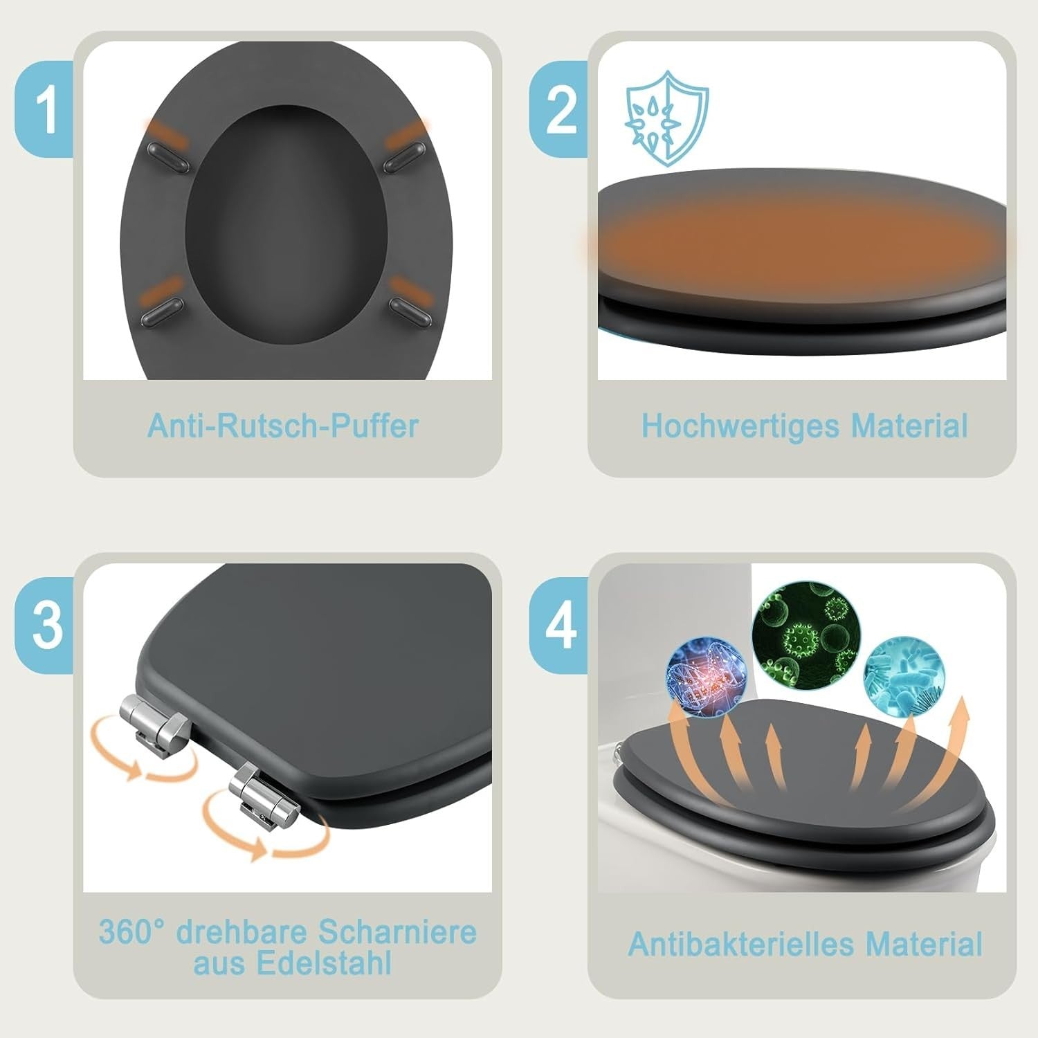 Soft Close O-Shape Toilet Seat MDF Anthracite Quick Release Heavy Duty