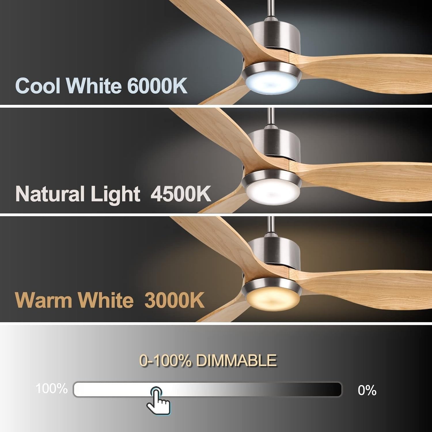 Ovlaim 132cm Silent Wood Ceiling Fan, LED Light, Reversible DC Motor, Remote