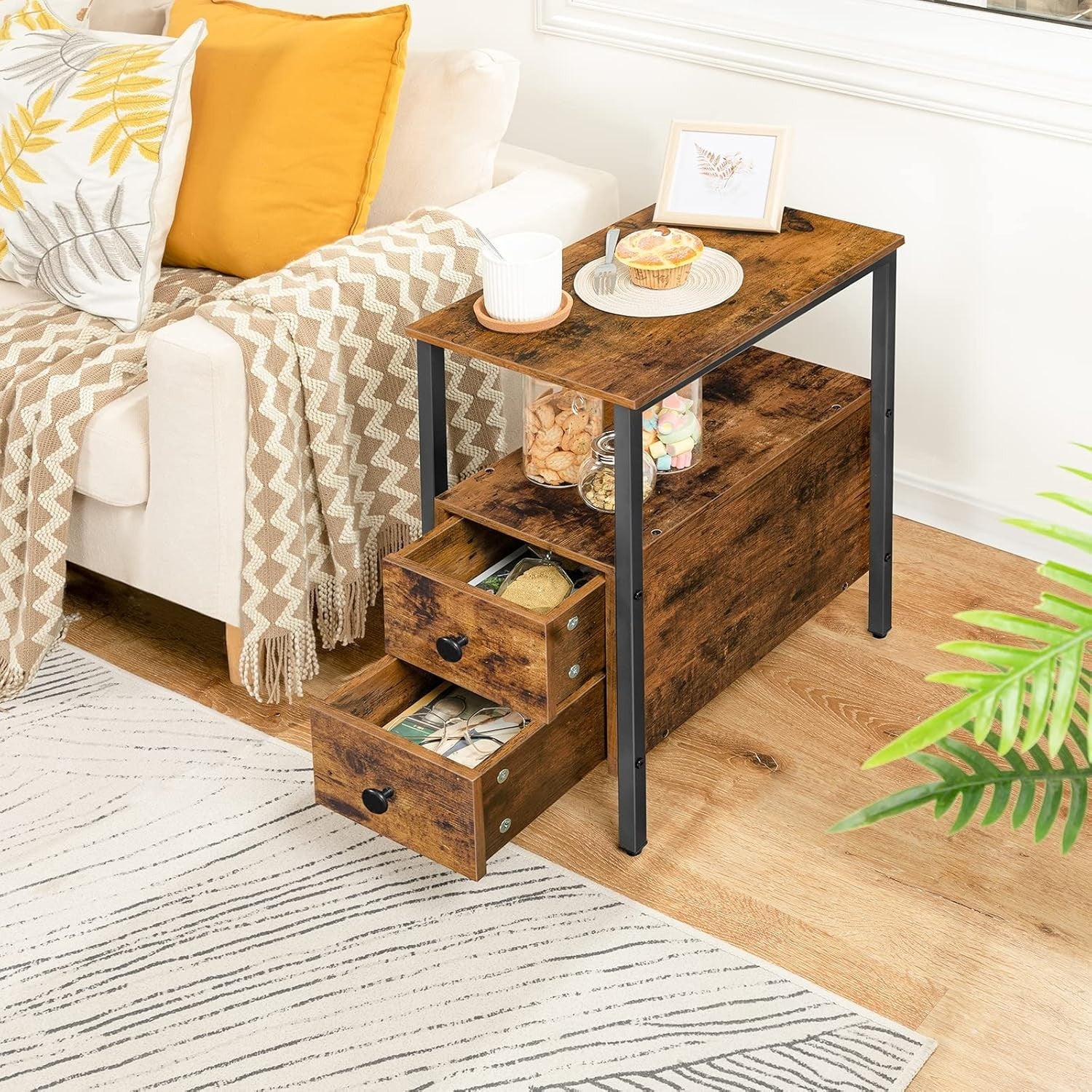 Slim Industrial Side Table with 2 Drawers & Open Shelf, Rustic Brown 30x48x61.5c