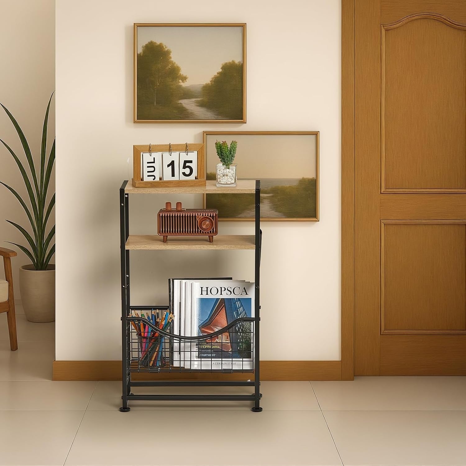 3-Tier Narrow Side Table 30x30x50 cm | Slim End Table w/ Magazine & Fabric Stora