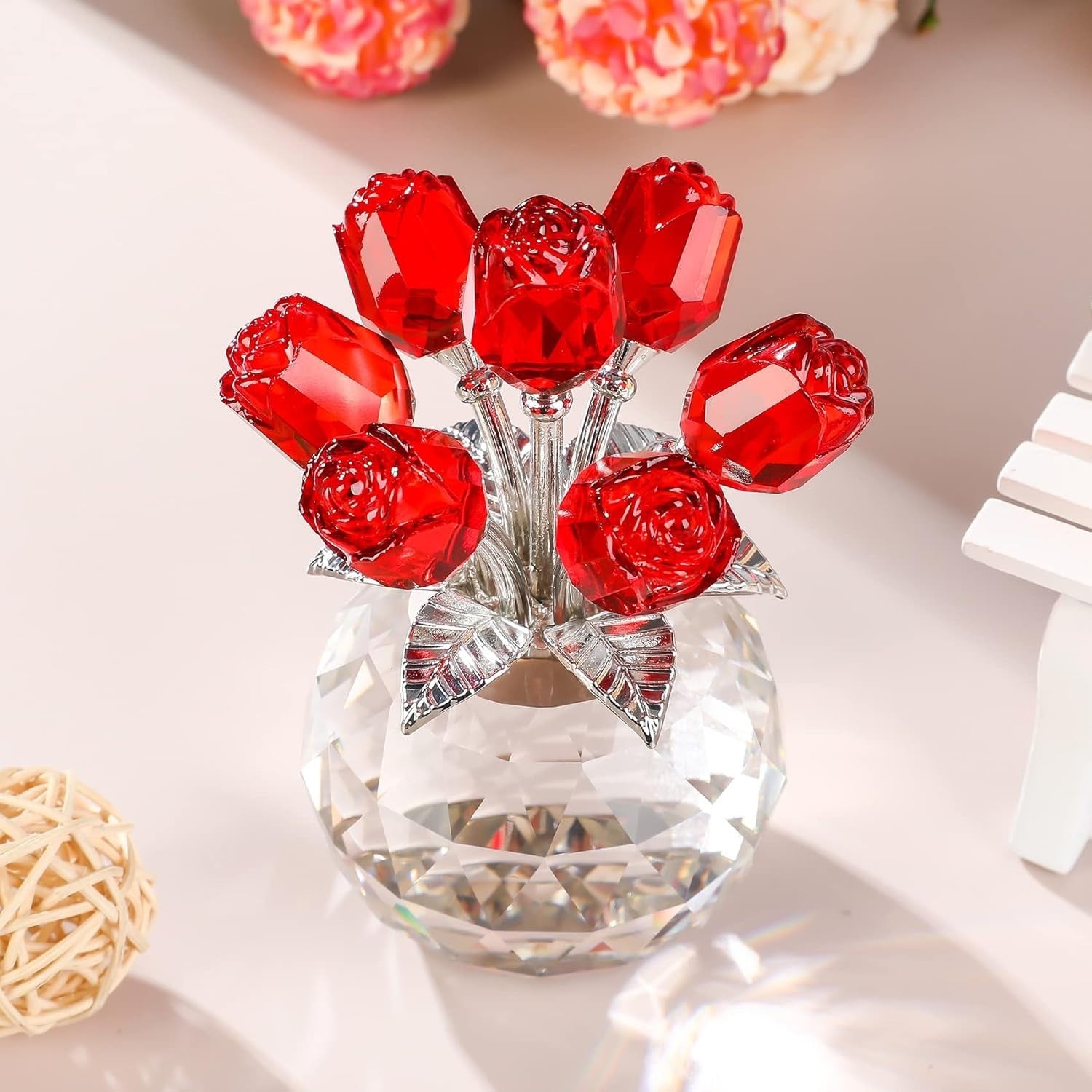 Red Crystal Rose Bouquet Ornament Gift for Women Birthday Valentine Anniversary