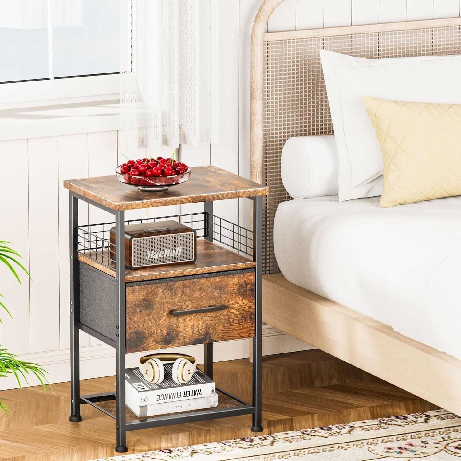 Set of 2 Rustic Brown Bedside Tables with Drawers & Shelves