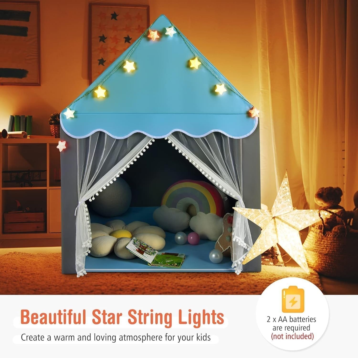 Blue Kids Castle Play Tent Indoor Outdoor w Lights Washable Mat