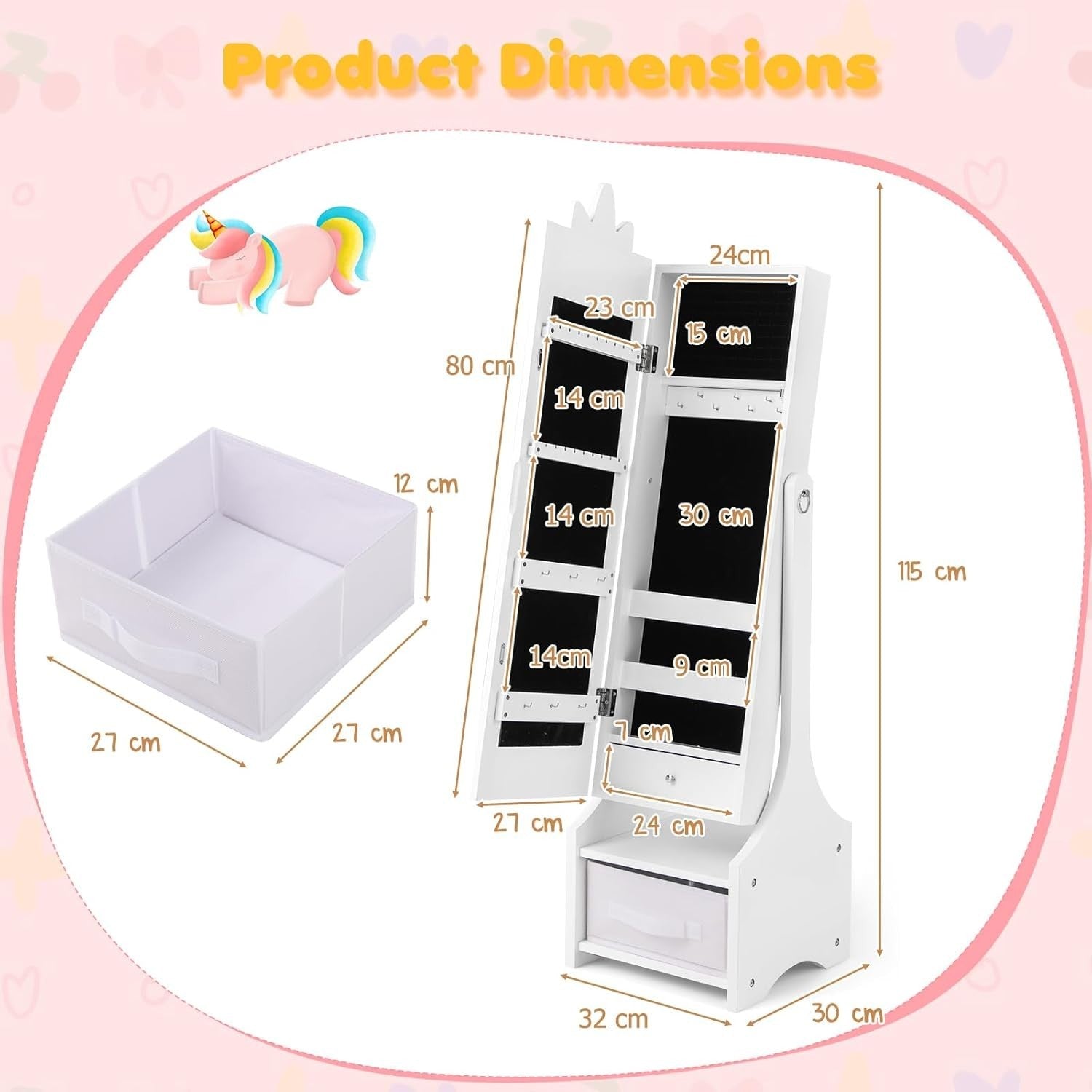 White Jewellery Cabinet Armoire Full Length Mirror Storage for Girls