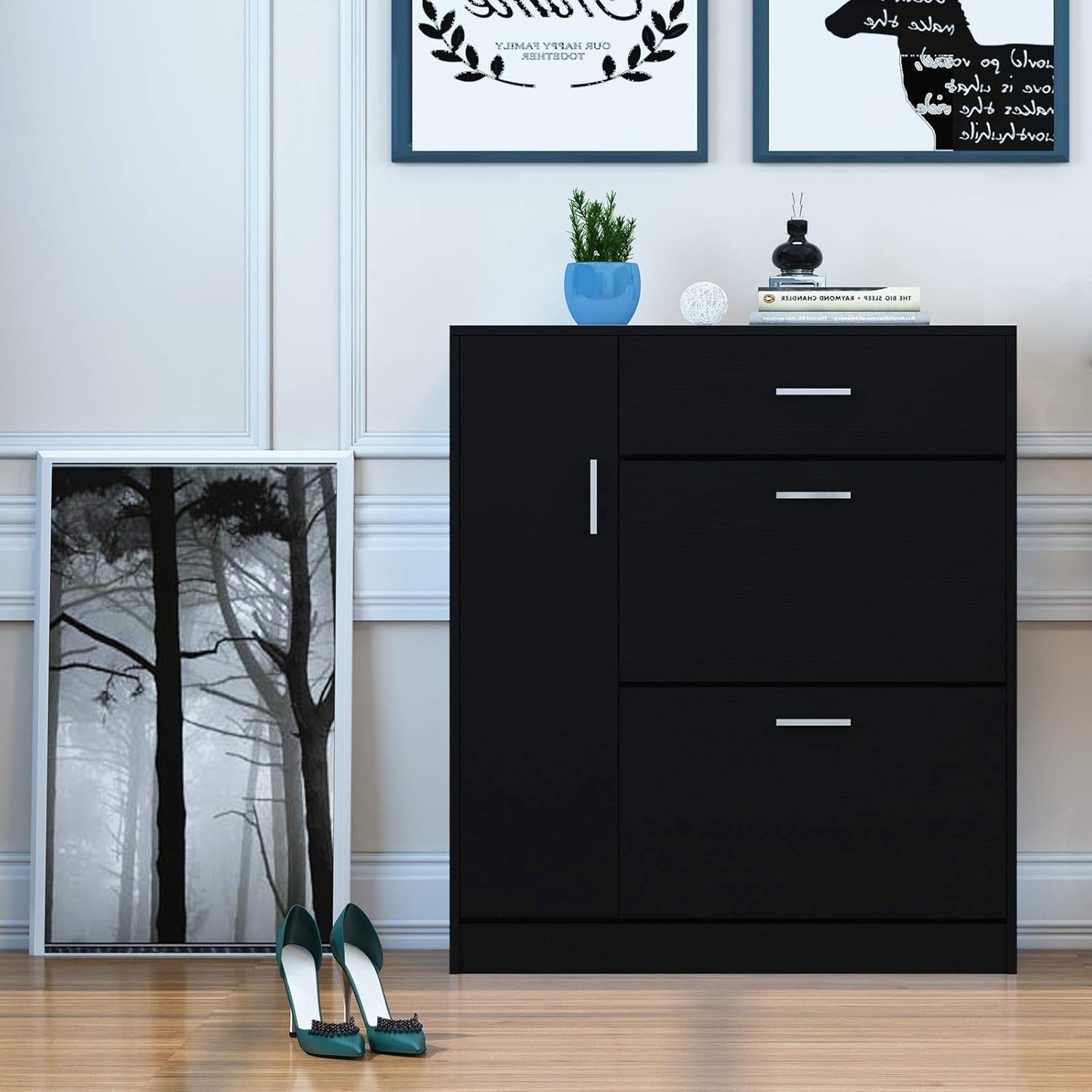 Modern 2-Drawer Wooden Shoe Cabinet Organizer for 18 Pairs Shoes Black