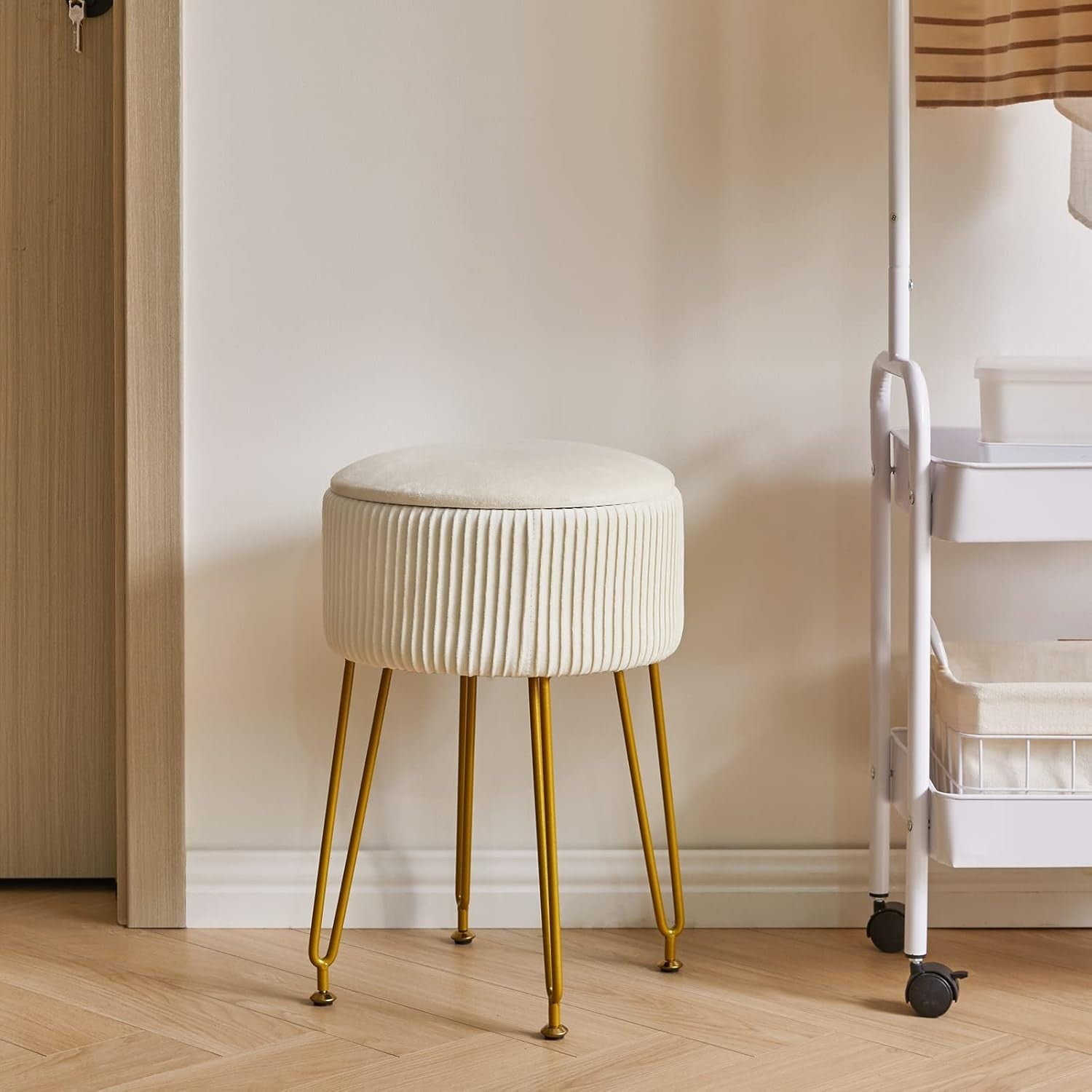 Velvet Round Storage Footrest Stool with Gold Legs – Creamy White Ottoman
