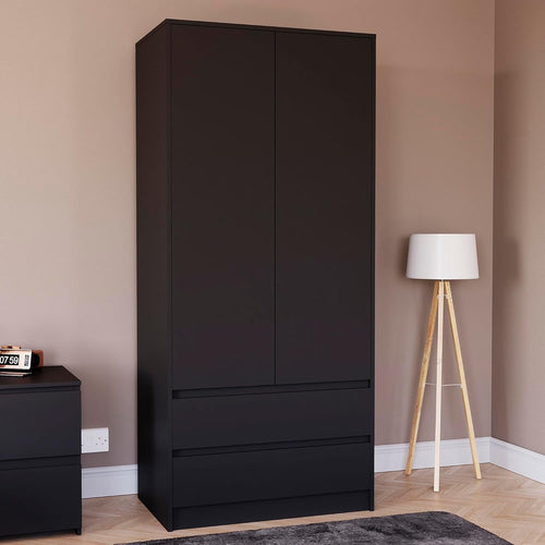 Modern 2 Door Black Wardrobe with 2 Drawers & Versatile Hanging Rail