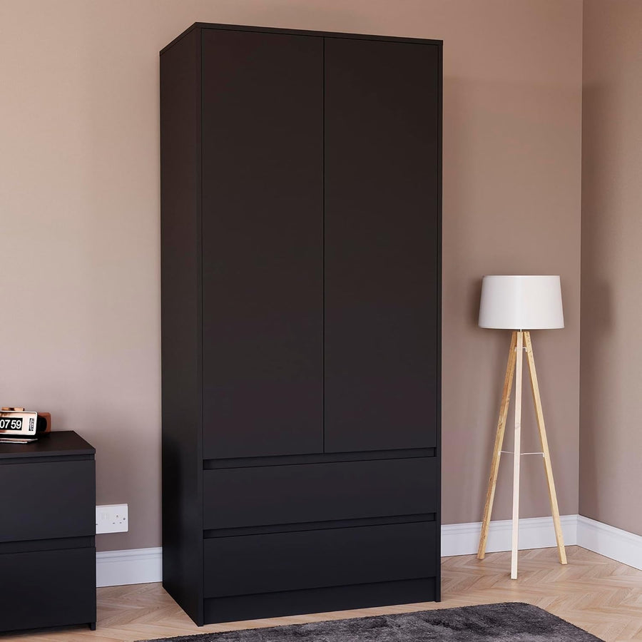 Modern 2 Door Black Wardrobe with 2 Drawers & Versatile Hanging Rail