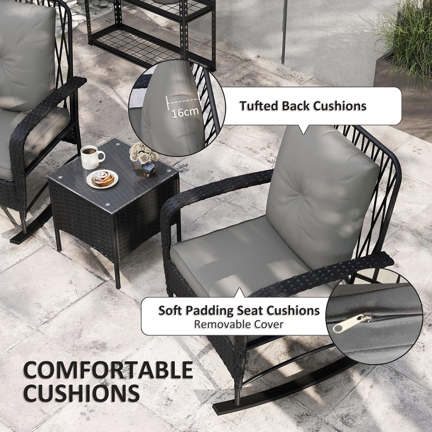 Rocking Rattan Bistro Set 3PC Cushioned Chairs Glass Table Balcony Patio