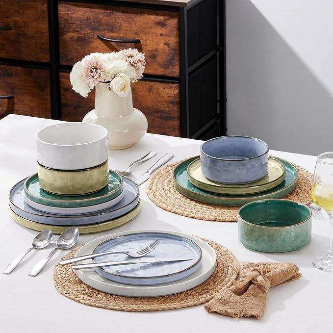 12 Piece Multicolor Stoneware Dinner Set for 4 Reactive Glaze Plates Bowls
