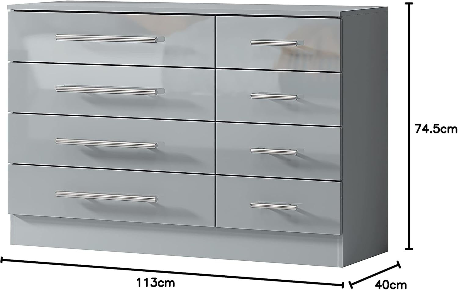 8 Drawer Grey High Gloss Chest of Drawers Modern Bedroom Storage Cabinet