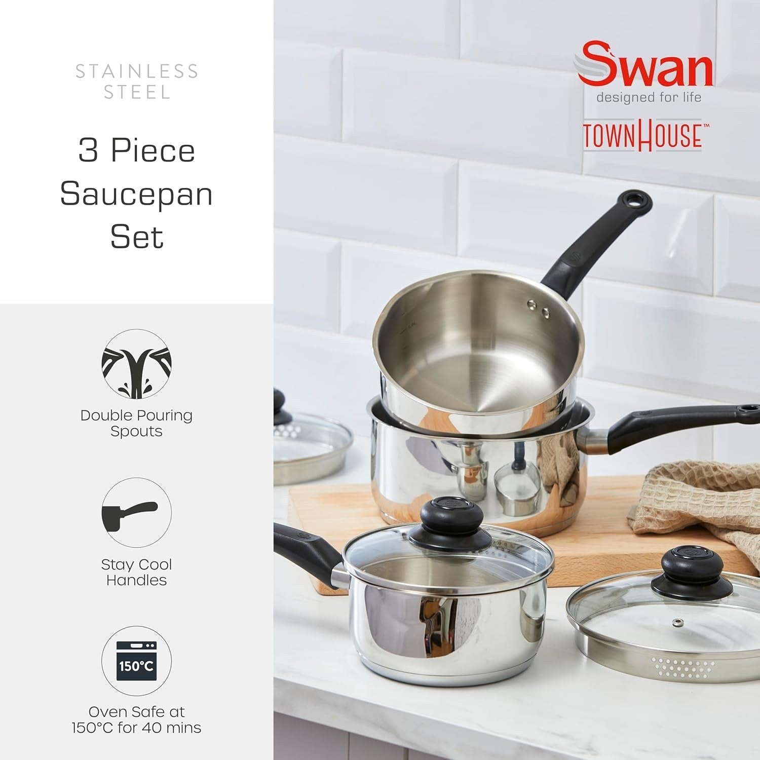 3pcs Stainless Steel Saucepan 16/18/20 cm Cookware Set with Glass Lids