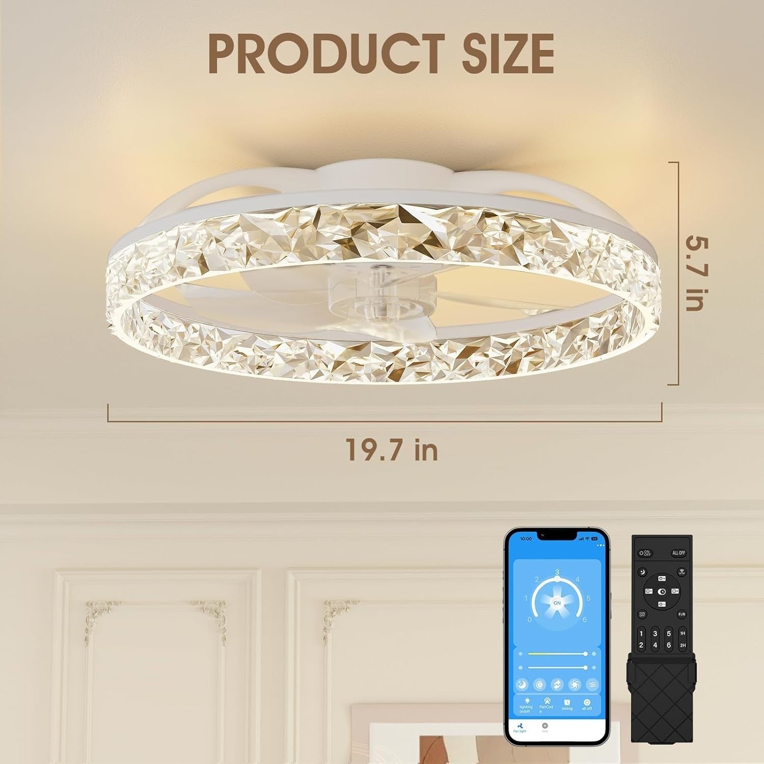 50CM LED Ceiling Fan Light, Remote & App Control, 6 Speed, Dimmable, Quiet Motor