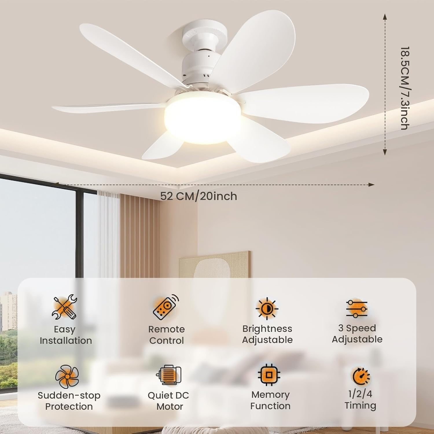 30W LED Ceiling Fan with Light, 3 Speeds, Remote & Timer, White