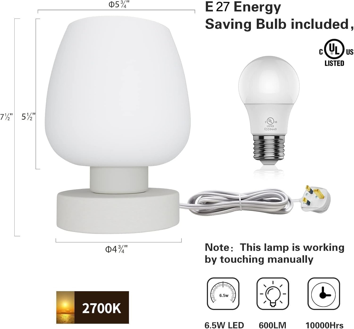Touch Bedside Table Lamps Set of 2 3 Way Dimmable Opal Glass Night Lights