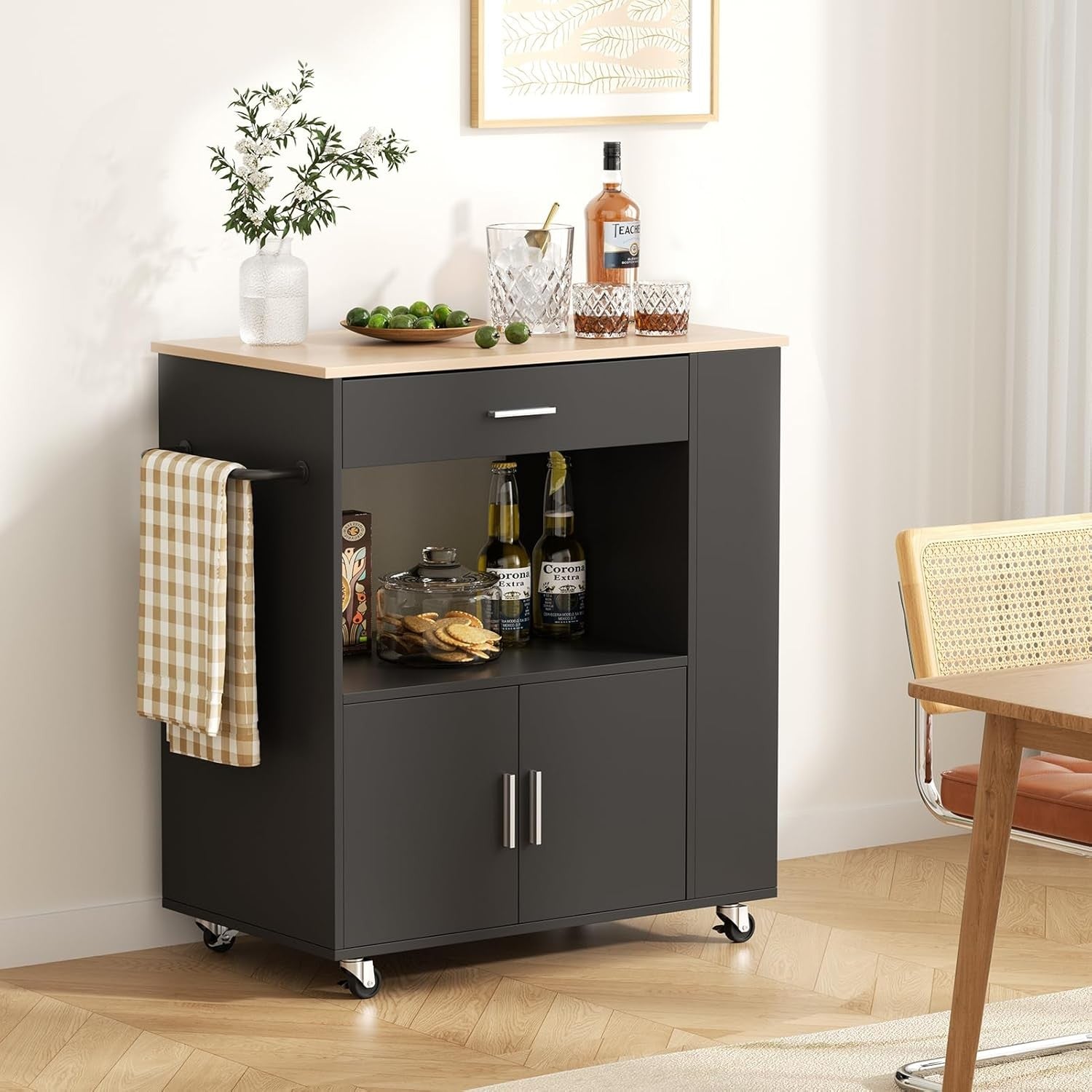 Kitchen Island Trolley on Wheels Storage Cabinet Bar Cart Worktop