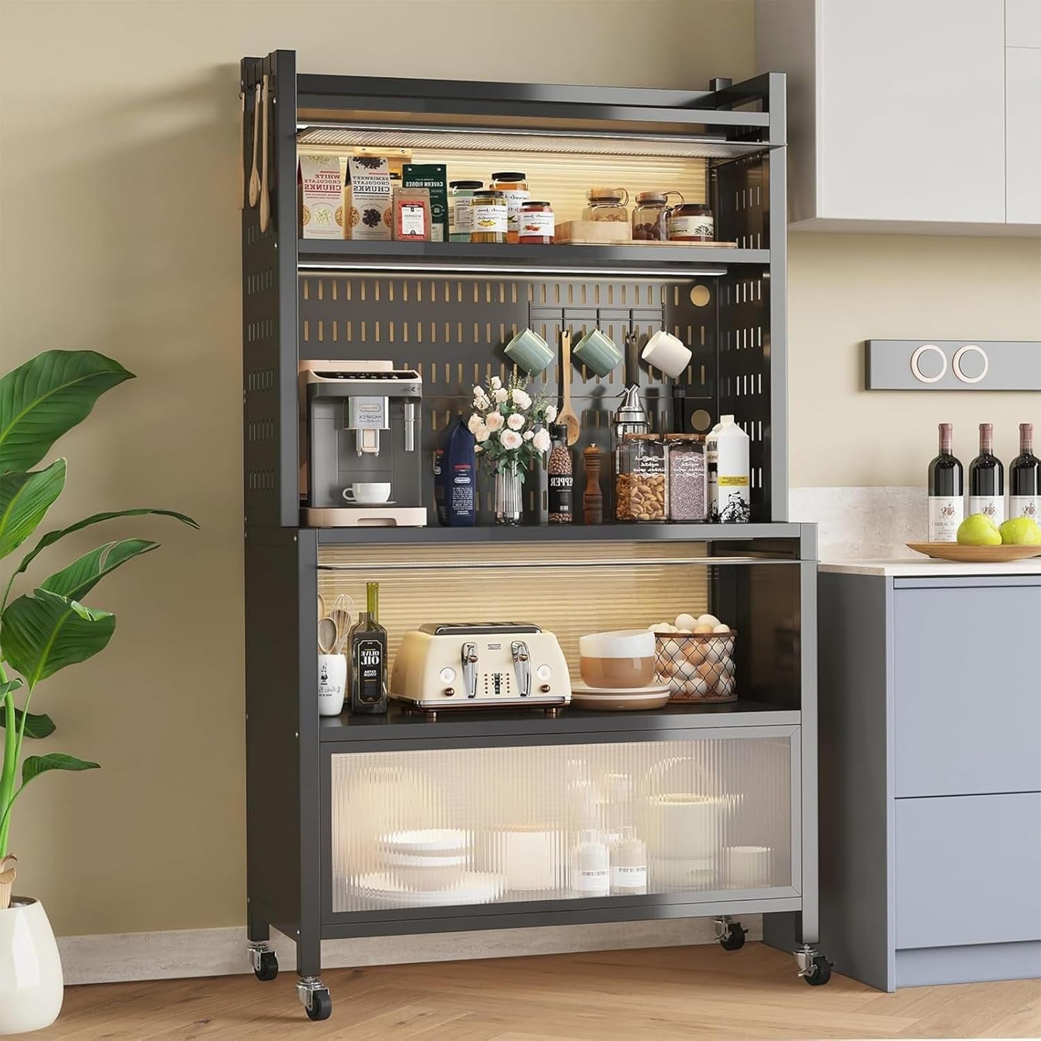 100x42x155cm 5-Tier Black Kitchen Storage Cabinet with Flip Door & Wheels