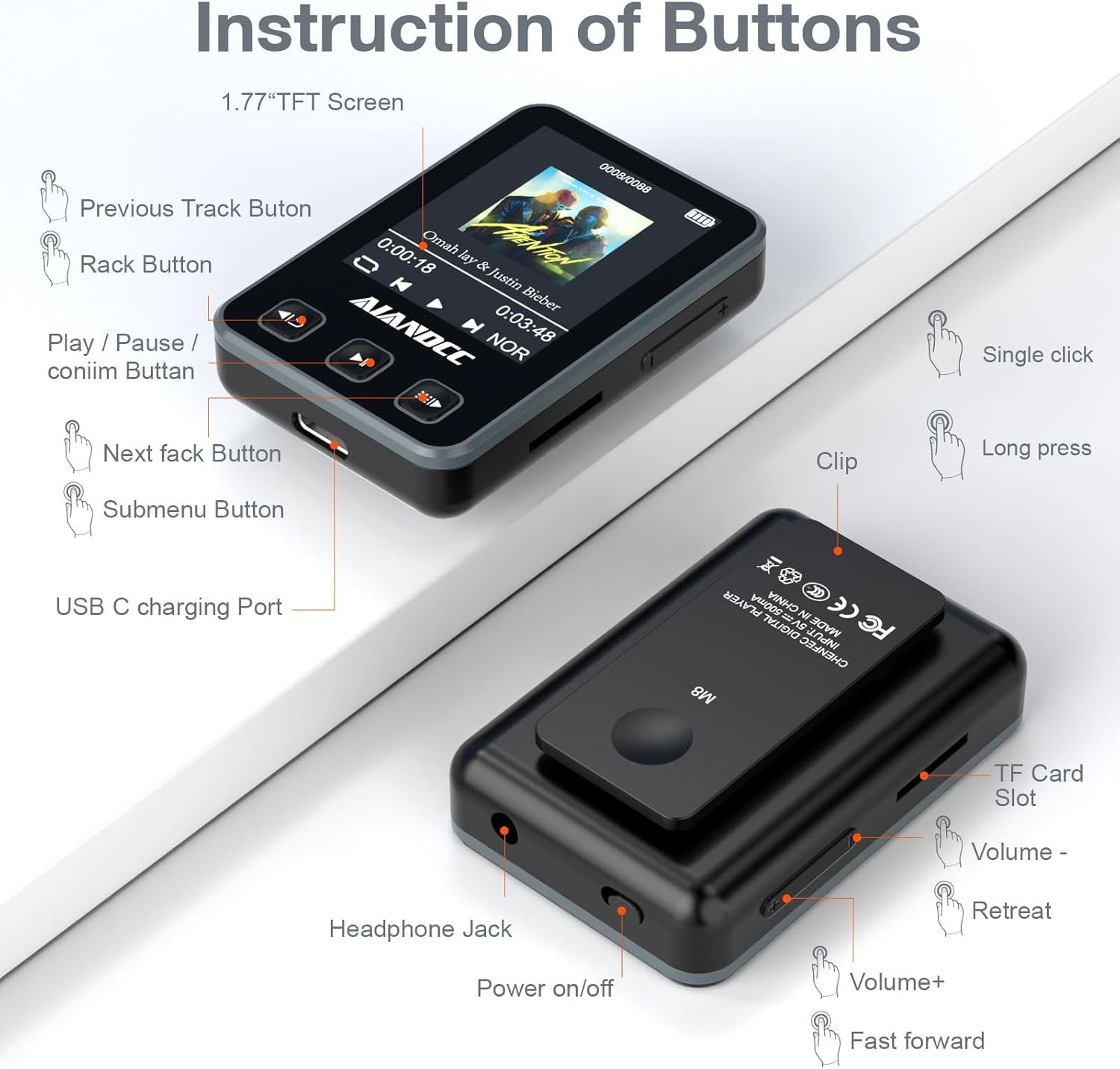 32GB Bluetooth 5.3 MP3 Player with Sports Clip & Armband – Black