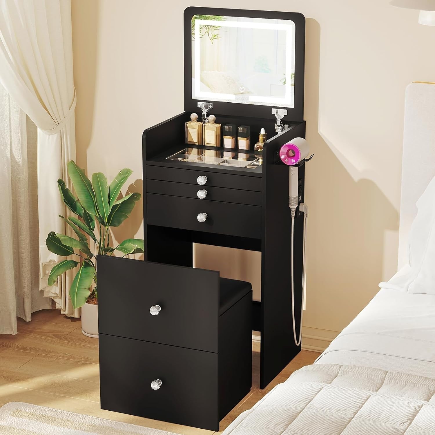 Vanity Makeup Desk w/LED Mirror USB Charging Station Small Spaces