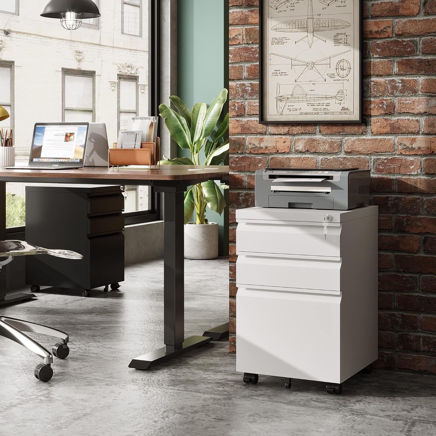 White 3 Drawer Lockable File Cabinet 43x37x60cm Mobile Under Desk