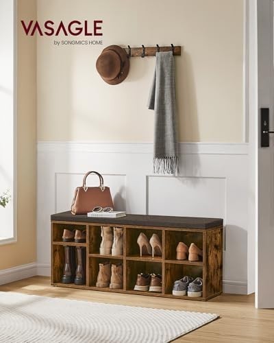 Rustic Brown Hallway Bench with Cushion & Adjustable Shoe Storage