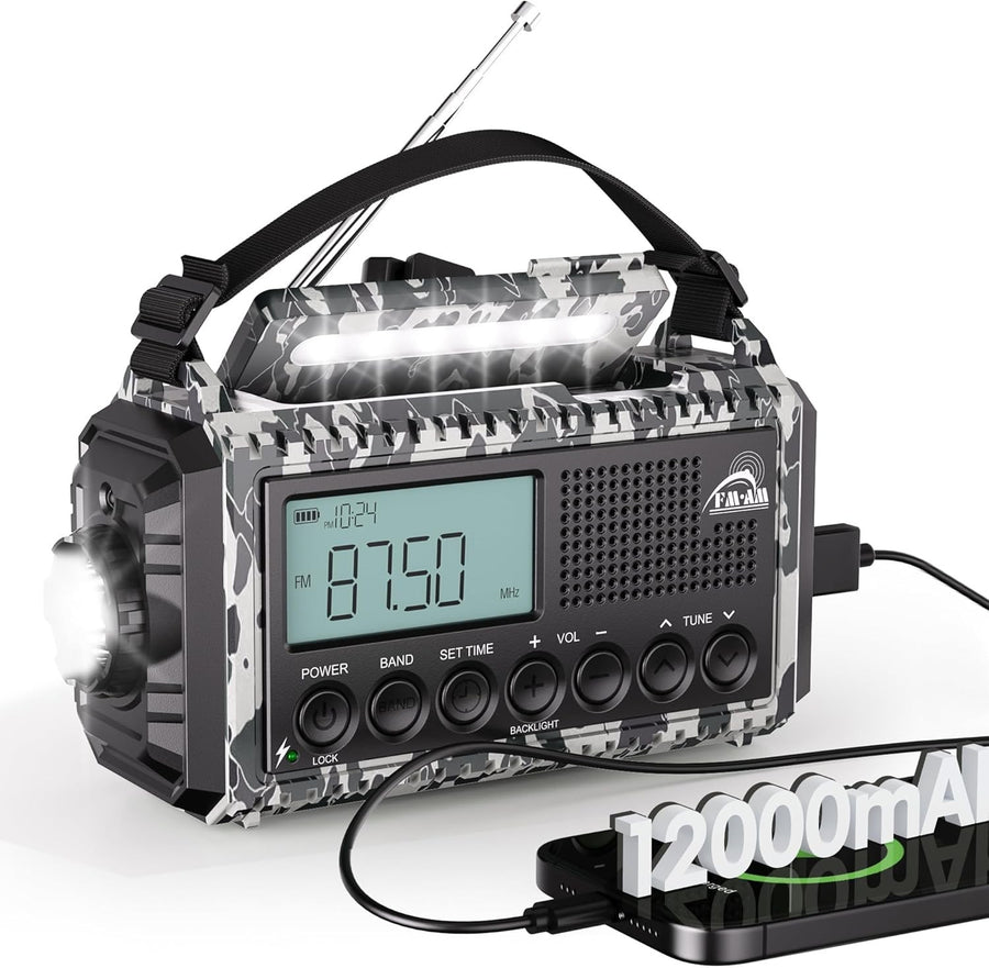 12000mAh Solar & Hand Crank Emergency AM/FM/SW Torch USB