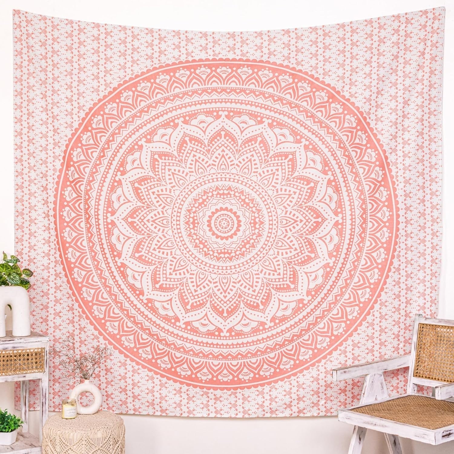 Rose Gold Mandala Tapestry 84x54in Boho Wall Hanging Cotton Decor