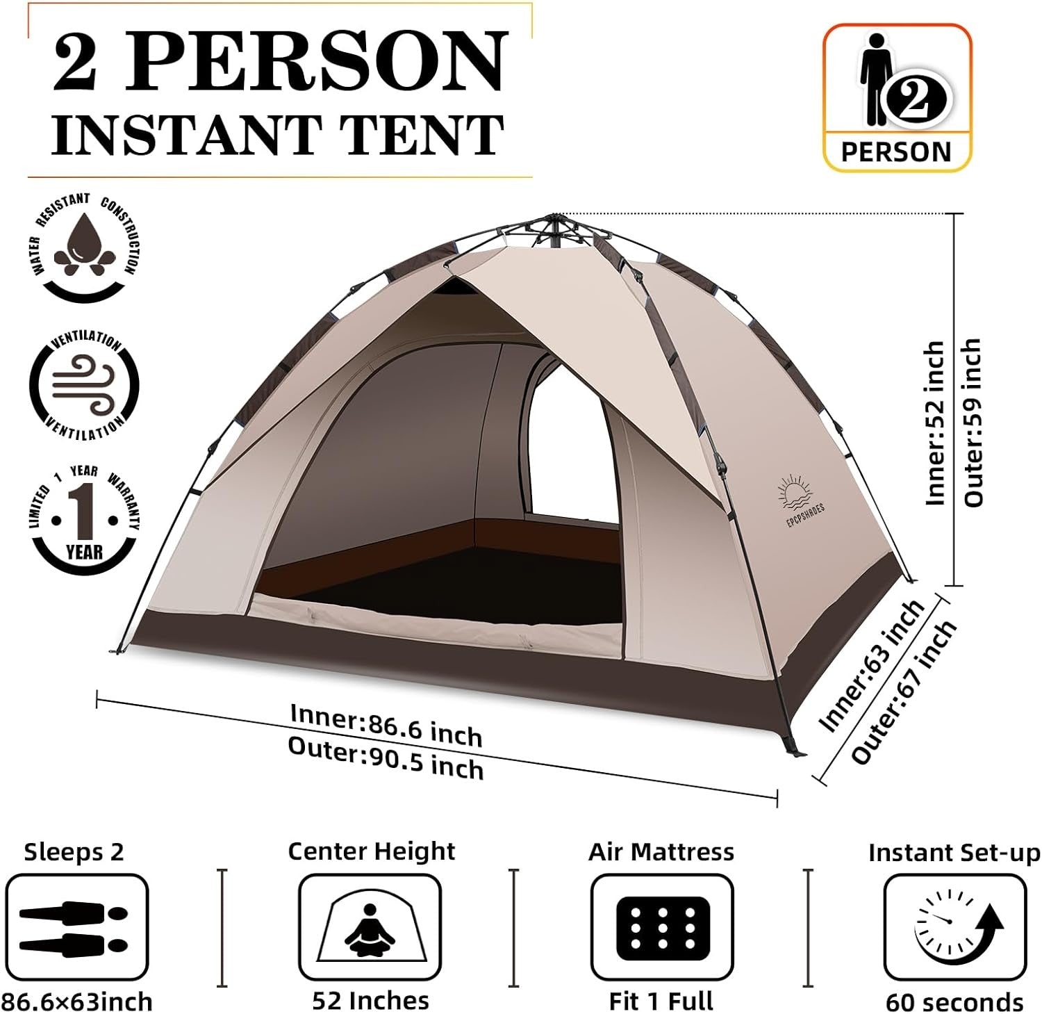 2 Man Pop Up Camping Tent Waterproof Instant Double Layer Dome