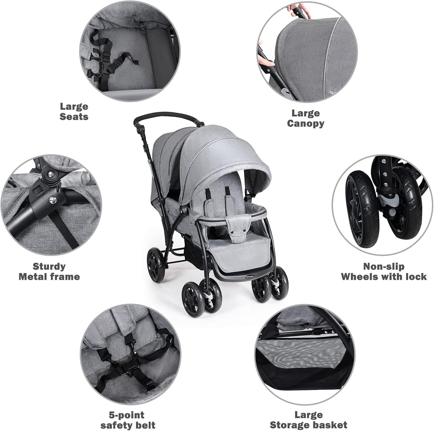 Double Baby Stroller Tandem Pushchair Adjustable Handle Foldable 30kg