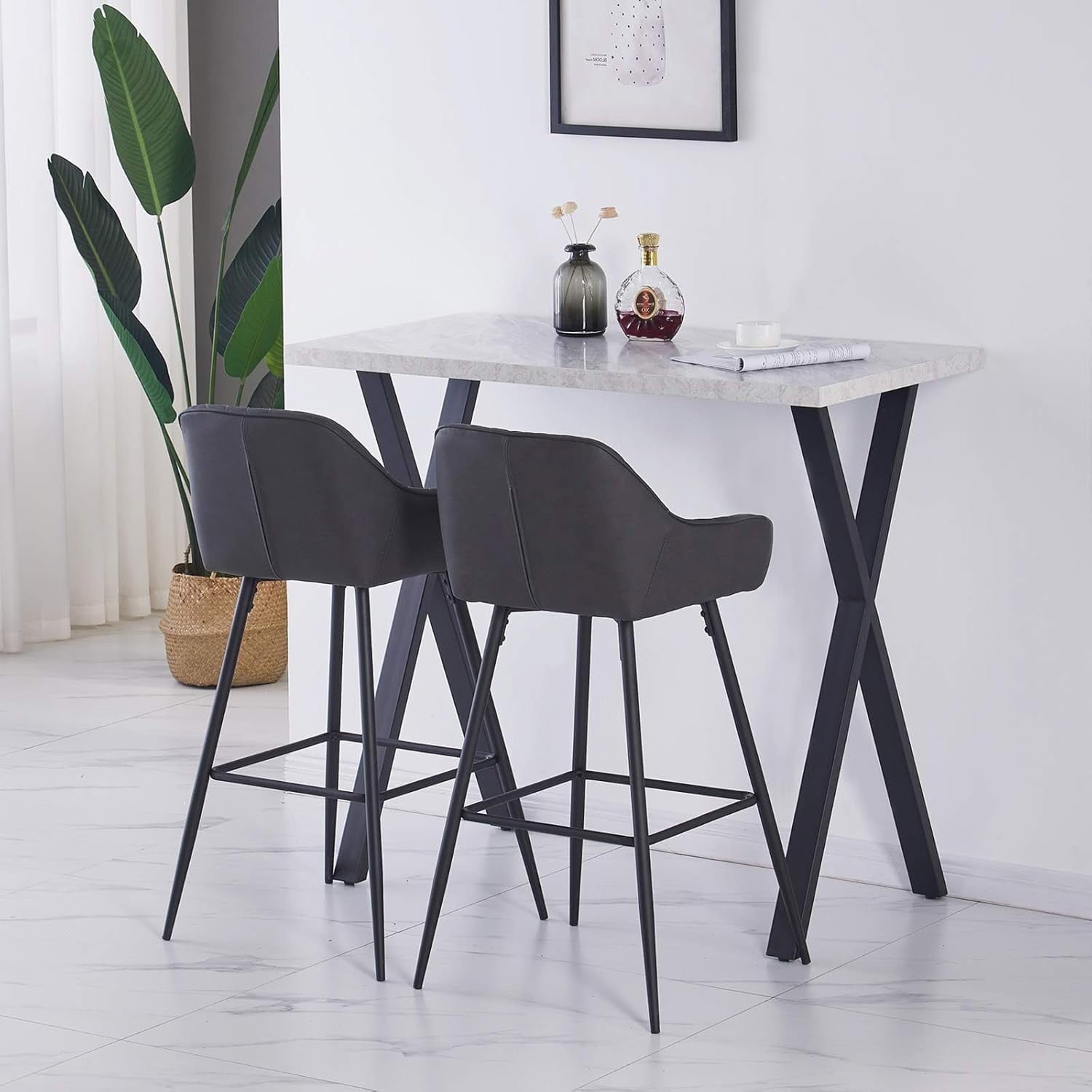 White Marble Effect Breakfast Bar Table with Metal Legs – Modern Counter Dining