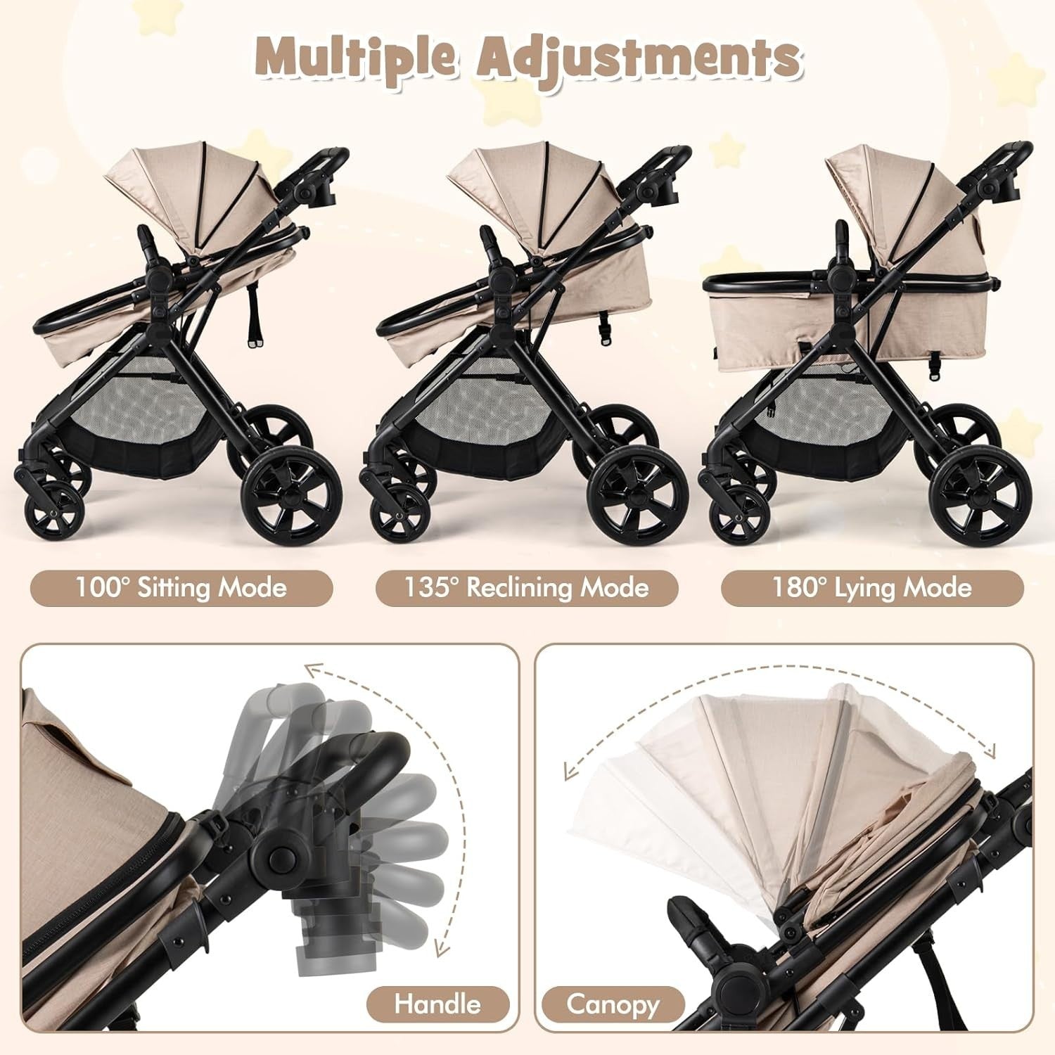 2 in 1 Baby Pushchair Travel Foldable Lightweight Reversible Stroller Beige
