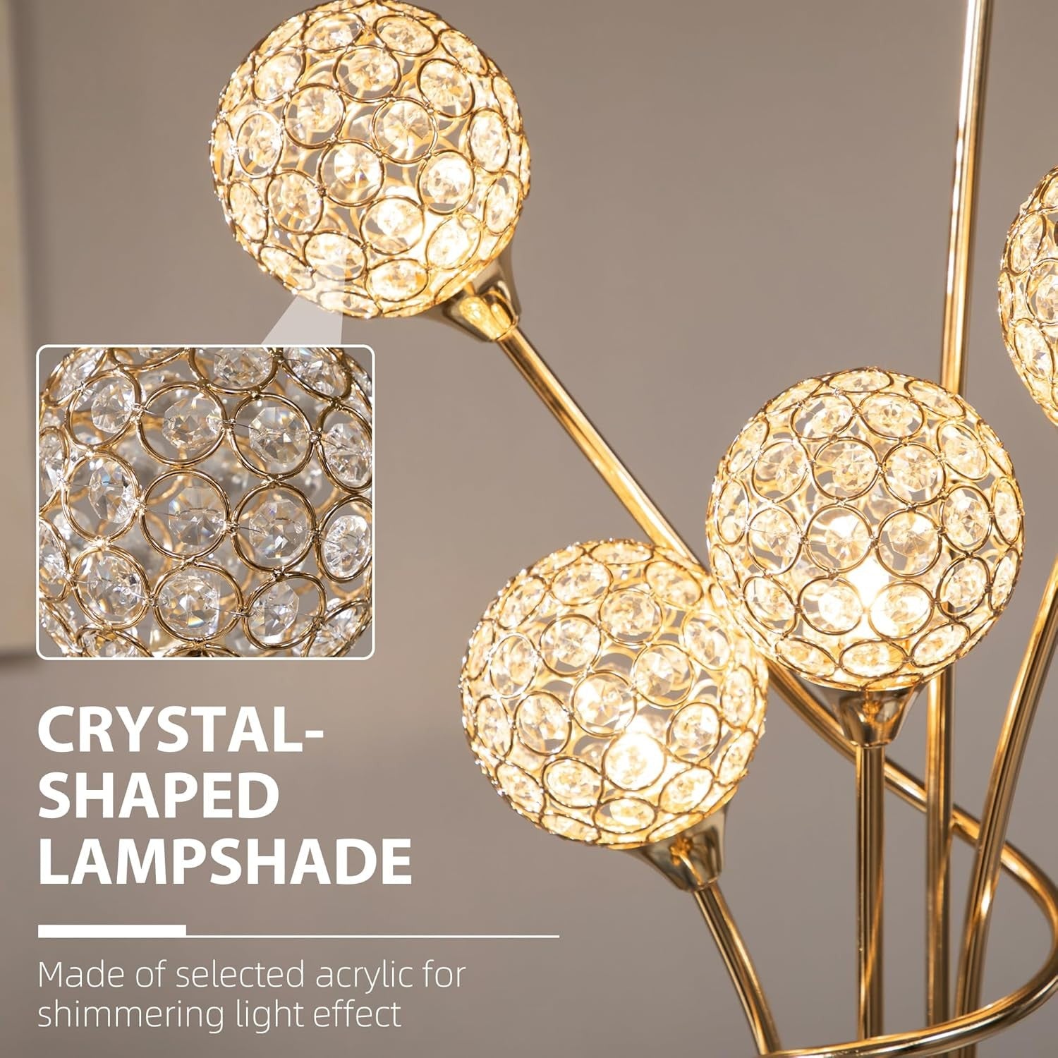 5 Light Gold Floor Lamp Modern Standing Crystal Shades Living Room Bedroom