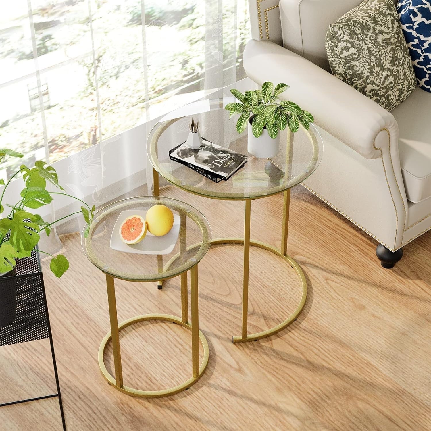 Space Saving Gold Nesting Coffee Table Set 2 Round Glass End Side Tables