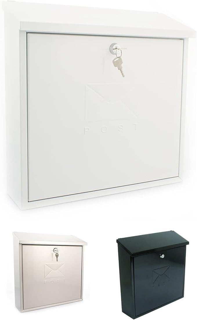 Lockable Wall Mounted Post Box White Steel Weatherproof Dual Access 36x36x10cm