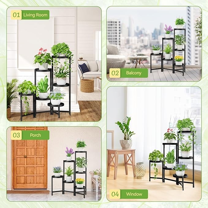 6 Tier Tall Black Metal Plant Stand Indoor Outdoor Foldable Corner Shelf