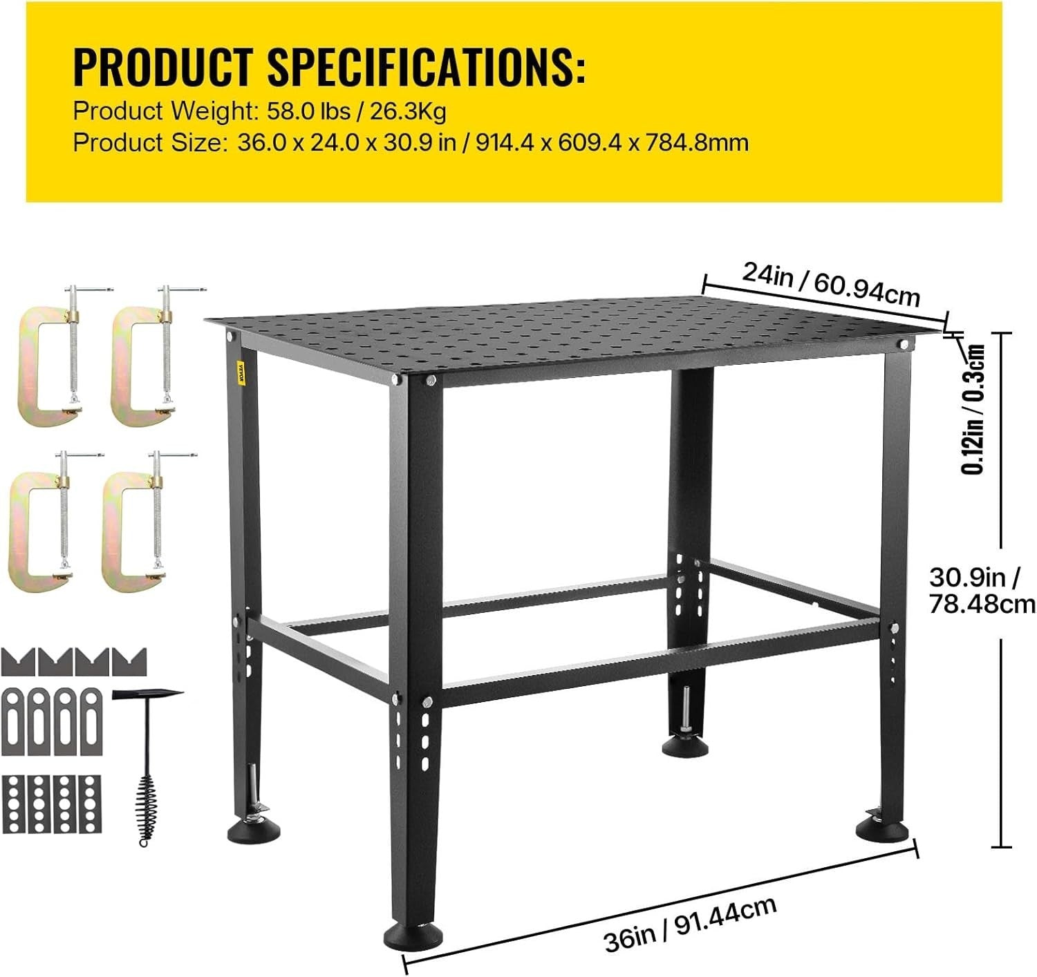 Welding Table 36"x24" 800lbs Capacity Steel Workbench 0.63" Holes Non-Slip