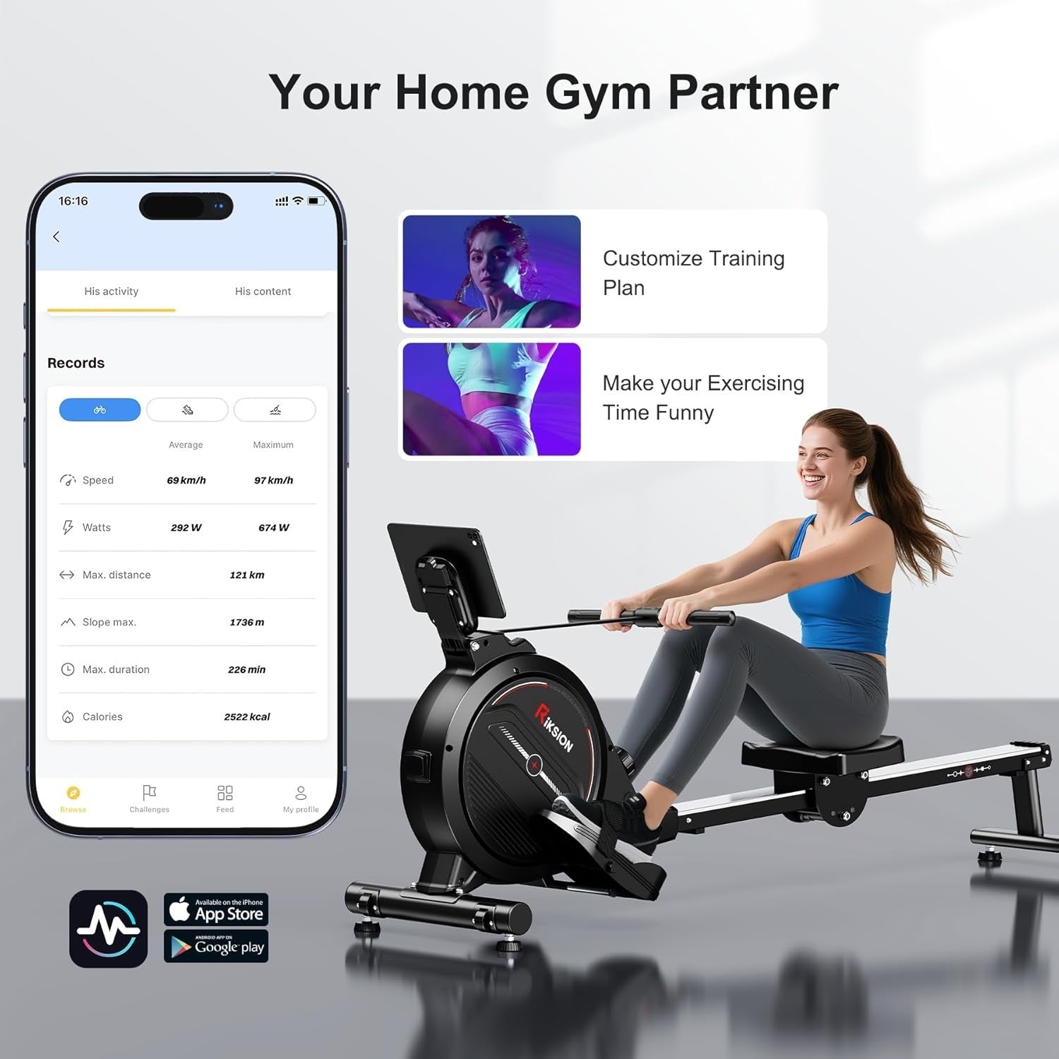 Magnetic Rowing Machine Foldable 350LB Quiet 8-Level Bluetooth App Home Fitness